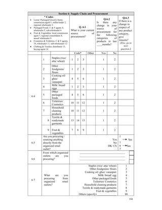 Section 6: Supply Chain and Procurement
               * Codes                                                                            Q.6.3
•    Loose/ Packaged Grocery Items:                                    Q.6.2
     commission agent 1, miller/trader 2,                        Is   there    any            If there is a
     regional wholesaler 3                                       change in your               change in
•    Packaged Foods: C & F agents 4,               Q. 6.1                                     respect of
                                                                 source         of
     wholesaler 5, sub-wholesaler 6         What is your current                              any product
•
                                                                 procurement for
     Fruit & Vegetables: local commission   source            of                              category,
     agent 7, regional consolidator 8,                           the     following
                                            procurement?                                      give
     mandi wholesaler 9                                          categories     of
•    Cosmetics & Toiletries: C & F agents                        products in last             reasons?
     10, wholesaler 11, sub-wholesaler 12                                                      (Else, go to
                                                                 ____months?                       next
•    Clothing & Textiles: distributor 13,
     buying agent 14                                                                            question.)
                                                 Code*         Other        Yes        No
                        Staples (rice/
              1                             1      2      3                   1         2
                        atta/ wheat)
                        Other
              2         foodgrains/         1      2      3                   1         2
                        flours
                        Cooking oil/
              3         ghee/               4      5      6                   1         2
                        vanaspati
                        Milk/ bread/
              4                             1      2      3                   1         2
                        eggs
                        Other
              5         packaged            4      5      6                   1         2
    6.4
                        foods
                        Toiletries/
              6                             10    11      12                  1         2
                        Cosmetics
                        Household
              7         cleaning            10    11      12                  1         2
                        products
                        Textile &
                   8    readymade           13    14      15                  1         2
                        garments

                   9   Fruit &              7      8      9                   1         2
                       vegetables
              Are you procuring /                                                   1
              sourcing anything                                                Yes        Sec
    6.5       directly from the                                                 No 7
              organized retail                                              DK/ CS 9     Sec
              outlet?                                                               7
              From which organized                     _________________________________
              outlets     are     you                  _________________________________
    6.6       procuring?                               _________________________________

                                                                Staples (rice/ atta/ wheat)          1
                                                                 Other foodgrains/ flours            2
                                                            Cooking oil/ ghee/ vanaspati             3
               What      are        you                                  Milk/ bread/ egg            4
               procuring           from                            Other packaged foods              5
    6.7
               organized           retail                           Toiletries/ Cosmetics            6
               outlets?                                    Household cleaning products               7
                                                          Textile & readymade garments               8
                                                                       Fruit & vegetables            9
                                                       Others (specify) ______________              88
                                                                                                         194
 