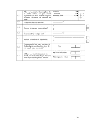 After you have started shopping from this   Increased……………………..…1
       or similar outlets, has your overall        Decreased………………….……2                Q.1.9
1.8    expenditure on these product categories     Remained same……………..….3             Q.1.11
       increased, decreased, or remained the                                           Q.1.13
       same?
1.9                                                ____________%
       If increased, by what per cent?
                                                   1. ______________________ ______________
1.10
       Reasons for increase in expenditure?
                                                   2. ____________________________________

1.11                                               ____________%
       If decreased, by what per cent?
                                                   1. ______________________ ______________
1.12
       Reasons for decrease in expenditure?
                                                   2. ____________________________________

       Approximately, how many purchases of
       food and grocery and clothing items do             Nos.
1.13
       you usually make in a month?

                                                   A) Organized outlets
       Of these ___ (number) purchases in a
1.14   month, how many times do you purchase
       from organized/unorganized outlets?         B) Unorganized outlets




                                                                                 201
 