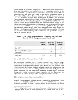during 1994-00 but the growth slackened to 4.7 per cent per annum during the next
three years before the growth remarkably rose to 8.7 per cent per annum in the last
four years (Table 2.3). This meant a substantial rise in disposable income of Indian
households since the mid-1990s. Based on the Market Information Survey of
Households (MISH) of the National Council of Applied Economic Research
(NCAER), the number of people in the income groups of “aspirers” and the middle
class with annual income ranging from Rs. 90,000 to one million, more than doubled
from 157 million to 327 million during the last decade 1995-96 to 2005-06.3 The data
from the Central Statistical Organization (CSO) indicate that the growth of real
private final consumption expenditure, which dipped from an average of 5.7 per cent
per annum during 1994-00 to 4 per cent per annum during 2000-03, shot up to 6.7 per
cent per annum during 2003-07. Retail sales (in nominal terms) in the country also
followed a similar pattern: a high annual growth of 13.6 per cent during 1994-00, a
low growth of 4.8 per cent during 2000-03 and a smart pick up in the last four years,
2003-07 at around 11 per cent.

       Table 2.3: GDP, Private Final Consumption Expenditure and Retail Sales
                  Growth, 1994-07 (Compound Annual Growth Rate)


                                                  1994-95 to     2000-01 to       2003-04 to
                                                   1999-00        2002-03          2006-07

    Real GDP                                           6.6           4.7               8.7
    Real private final consumption
                                                       5.7           4.0               6.7
    expenditure
    Retail sales                                     13.6            4.8             10.9

Source: CSO, NSSO, and Technopak Advisers Pvt. Ltd.

The international consulting firm, A.T. Kearney, annually ranks emerging market
economies based on more than 25 macroeconomic and retail-specific variables
through their Global Retail Development Index (GRDI). For the last three years
(2005, 2006, and 2007) India has been ranked as number one indicating that the
country is the most attractive market for global retailers to enter. The high economic
growth during the last few years raising disposable incomes rapidly, favourable
demographics placing incomes on younger population with less dependency, and
urbanization are some of the major factors fueling the Indian retail market.

2.2.1 Employment and Output in the Retail Sector

Retail is a labour-intensive economic activity. According to the Economic Census
carried out by the CSO in 1998, the country had a total of 10.69 million enterprises
engaged in retail trade, of which 5.23 million were in the rural areas and 5.46 million

3
    The NCAER gives data in terms of the number of households and they have been converted into
    number of people by using the average household size of 4.7 persons derived from the NSSO
    surveys.


                                                                                             7
 