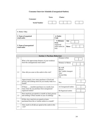 Consumer Interview Schedule (Unorganized Outlets)


                                                 Town              Cluster
                  Consumer

                       Serial Number




1. Town / City:

2. Name of organized                                       4. Outlet
retail outlet                                              Code
                                                              5. Distance      Km
                                                           from
                                                           organized
3. Name of unorganized
                                                           retail outlet (in   Meter
retail outlet
                                                           km)



                                 Section 1: Purchase Behaviour
1.1                                                               Distance in Km
      What is the approximate distance of your residence
      from this (unorganized) retail outlet?                      Distance in Metres


                                                                  By walk                        1
                                                                  Bicycle                        2
                                                                  Bus / public transport         3
1.2    How did you come to this outlet in this visit?
                                                                  Auto                           4
                                                                  Scooter/bike                   5
                                                                  Car                            6
      Approximately, how many purchases of food and
1.3   grocery and clothing items do you usually make in a
                                                                  Nos.
      month?

      Of these ___ (number) purchases in a month, how             A) Unorganized outlets
1.4   many times do you purchase from unorganized /
      organized outlets?                                          B) Organized outlets
      How much do you spend in a month on food, grocery
1.5   and clothing? (Three months in case of clothing)            Rs………………………

      Of this, how much do you spend on items
1.6   purchased from this or similar outlets in a month?       …………………..

       How much in all did you spend at this outlet in this
1.7    visit?                                                   ________________________




                                                                                           205
 