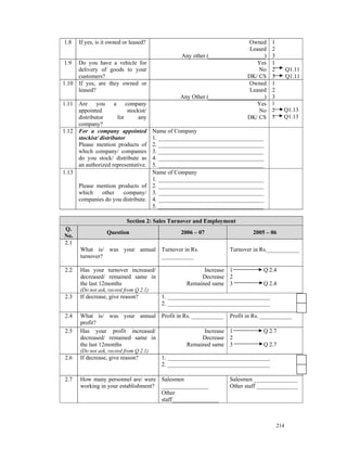 1.8   If yes, is it owned or leased?                                    Owned     1
                                                                        Leased    2
                                               Any other (___________________)    3
1.9  Do you have a vehicle for                                             Yes    1
     delivery of goods to your                                             No     2         Q1.11
     customers?                                                        DK/ CS     3         Q1.11
1.10 If yes, are they owned or                                          Owned     1
     leased?                                                            Leased    2
                                               Any Other (___________________)    3
1.11 Are you a company                                                     Yes    1
     appointed             stockist/                                       No     2     Q1.13
     distributor       for      any                                    DK/ CS     3     Q1.13
     company?
1.12 For a company appointed       Name of Company
     stockist/ distributor         1. ____________________________________
     Please mention products of    2. ____________________________________
     which company/ companies      3. ____________________________________
     do you stock/ distribute as   4. ____________________________________
     an authorized representative. 5. ____________________________________
1.13                               Name of Company
                                   1. ____________________________________
      Please mention products of 2. ____________________________________
      which   other    company/ 3. ____________________________________
      companies do you distribute. 4. ____________________________________
                                   5. ____________________________________

                            Section 2: Sales Turnover and Employment
Q.
                   Question                    2006 – 07                  2005 – 06
No.
2.1
       What is/ was your annual Turnover in Rs.                  Turnover in Rs.___________
       turnover?                ___________

2.2    Has your turnover increased/                     Increase 1            Q 2.4
       decreased/ remained same in                     Decrease 2
       the last 12months                          Remained same 3             Q 2.4
       (Do not ask, record from Q 2.1)
2.3    If decrease, give reason?         1. ___________________________________
                                         2. ___________________________________

2.4    What is/ was your annual Profit in Rs. ___________        Profit in Rs. ___________
       profit?
2.5    Has your profit increased/                 Increase       1            Q 2.7
       decreased/ remained same in                Decrease       2
       the last 12months                   Remained same         3            Q 2.7
       (Do not ask, record from Q 2.1)
2.6    If decrease, give reason?         1. ___________________________________
                                         2. ___________________________________

2.7    How many personnel are/ were Salesmen                     Salesmen _______________
       working in your establishment? ________________           Other staff ______________
                                      Other
                                      staff________________



                                                                                      214
 