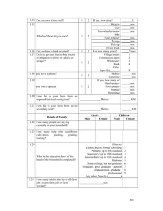 1.14 Do you own a bore well?                  1       2    If yes, how deep?              _______ft.
1.15                                                                         Bicycle      ______nos.
                                                                                Cart      ______nos.
                                                               Two-wheeler/motor          ______nos.
                                                                                bike
         Which of these do you own?           1       2
                                                                       Four-wheeler       ______nos.
                                                                             Tempo        ______nos.
                                                                            Pick-up       ______nos.
                                                                        10-ton truck      ______nos.
1.16 Do you have a bank account?              1       2    For how many years?            _____Years
1.17 Did you get any loan to buy tractor                             Village lender            1
     or irrigation or plow or vehicle or                         Commission agent              2
     sprayer?                                                            Wholesaler            3
                                              1       2
                                                                               Bank            4
                                                                               Other
                                                                  (specify)_______             8
1.18 you have a phone?
    o                                                                        Mobile       _______nos
                                              1       2
                                                                          Land-line       _______nos
1.19                                                           If yes, how many of
                                                                       Hand sprayer       ______nos.
       o you own a sprayer                    1       2                 Foot sprayer      ______nos.
                                                                             Manual       ______nos.
                                                                          Motorized       ______nos.
1.20 How far is your farm from an
     unpaved-but-truck-using road? _______________Metres                                  ______ KM

1.21 How far is your farm from paved
     secondary road?                 _______________Metres                                _______KM

                                                          Adults                  Children
                  Details of Family
                                                   Male            Female      Male     Female
1.22 How many people are staying
     currently in your household?

1.23 How many help with cauliflower
     cultivation, packing, grading,
     loading?

1.24                                                                         Illiterate
                                                    Literate but no formal schooling       1
                                                         Primary/ up to 5th standard       2
                                                     Secondary/ up to 10th standard        3
         What is the education level of the        Intermediate/ up to 12th standard       4
         head of the household (completed)?                                 Diploma        5
                                                     Some college, but not graduate        6
                                                  Graduate / post- graduate – general      7
                                                           Graduate/post- graduate–        8
                                                                         professional      9
                                                    Any other, Specify (_________)
1.25     How many adults also have off-farm
         job (in non-farm job or farm         _________________nos.
         worker)?




                                                                                               218
 