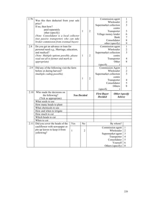 2.7b                                                              Commission agent           1
       Was this then deducted from your sale
                                                                         Wholesaler          2
       price?
                                                              Supermarket collection         3
       If no, then how?
                                                                               centre
                paid separately
                                                1         2              Transporter         5
                other (specify)
                                                               Village money lender          6
       (Note: Consolidator is a local collector
                                                                                Bank         7
       (not passive transporter) who can take
                                                                        Consolidator         8
       broker commission from eventual buyer)
                                                                      other (specify)        9
2.8    Do you get an advance or loan for                          Commission agent           1
       personal need e.g., Marriage, education,                          Wholesaler          2
       and medical?                                           Supermarket collection         3
       (Note: Multiple options possible, please   1       2                    centre
       read out all to farmer and mark as                                Transporter         4
       appropriate)                                                            Other         8
                                                                (specify_________)
 2.9 Did any of the following visit the farm                     Commission Agent            1
     before or during harvest?                                           Wholesaler          2
     (multiple coding possible)                               Supermarket collection         3
                                                                               centre
                                                  1       2
                                                                         Transporter         4
                                                                        Consolidator         5
                                                                              Others         8
                                                                (specify_________)
2.10 Who made the decisions on
                                                              First Buyer      Other (specify
             the following?                 You Decided
                                                               Decided            below)
         (Tick as appropriate)
     What seeds to use
     How many heads to plant
     What chemicals to use
     How and when to irrigate
     How much to cut
     Which heads to cut
     When to cut
2.11 Did you cover the heads of the     Yes       No                        By whom?
     cauliflower with newspaper or                                  Commission agent     1
     pin up leaves to keep it from      1             2                   Wholesaler     2
     yellowing?                                                     Supermarket agent    3
                                                                          Transporter    4
                                                                         Consolidator    5
                                                                             Yourself    6
                                                                      Others (specify)   8




                                                                                         220
 