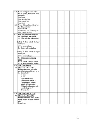 4.25 If you were paid same price
     for all grades, how much were
     you paid?
     1-per sack
     2-per wooden box
     3-per plastic box
     4-per head
4.26 When did you know the price
     for this particular
     transaction?
     1-Before the sale, 2-During the
     sale, 3-After the sale
4.27 How did you know the price
     the cauliflower was sold at?
     A. After sale has taken place

   Called, 2- You called, 3-Buyer
    visited you
    4-You went to buyer
    B. Before sale took place

    Called, 2- You called, 3-Buyer
     visited you
     4-You went to buyer
     C. While sale was taking
     place
     1-You called, 2-Buyer called,
     3-You were present in person
4.28 ASK FOR MANDI
 (a) TRANSACTION ONLY
     Did you know the prices in
     any other channel before or at
     the time of sale?
          1. yes
          2. no
          If yes which one?
          1-Collection centre, 2-
          Consolidator, 3-Safal
          mandi, 4-Wholesaler,
          5-Shandi at Bangalore, 6-
          Local villagers, 7-
          Transporter

4.28 ASK FOR NON- MANDI
 (b) TRANSACTION ONLY
     Did you know the price at the
     mandi before or at the time of
     sale?
     1-yes, 2-no




                                       227
 