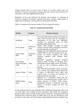 strategy benefits firms in several ways. It helps to: (i) attain critical mass; (ii)
economies of scope in sourcing by accruing costs across stores; and (iii) reach out to
consumers in the local neighbourhood locations.

Regardless of the route followed, the domestic retail industry is witnessing an
increase in domestic investment, technical know-how expertise, improvements in
supply chain and logistics, and demand for store brand private labels.

Table 4.1 summarizes the business models of the key organized retailers.

                        Table 4.1: Organized Retail Models


 Retailer             Segment                       Business Strategy

                                     Low-price high-volume strategy: by keeping no
                                     fancy frills front-end and by becoming an
 Subhiksha            Value          intermediary at the back end, Subhiksha
                                     leverages on discounted prices on bulk
                                     purchases and cash payments.
                                     Single- brand strategy: leverages on high
                      Lifestyle &
 Trent Limited                       margins in private labels, and targets consumers
                      Value
                                     in socio-economic class B and C.
                                     Strategic JVs and subsidiaries around retail has
                                     enabled PRIL to develop retailing across age-
 Future Group:        Lifestyle &
                                     groups, all product categories, the entire
 PRIL                 Value
                                     customer segments under multiple retail
                                     formats.
                                     Backward integration through IT-based
 ITC Choupal                         business model: leverages by building direct
 Sagar & Choupal      Value          relationship with the supply source, the farmers,
 Fresh                               to sell as well as purchase products and
                                     services.
                                     The “duck and the duckling” model: by having
                                     two- or three- value segment stores, backed by
 Spencer’s Retail     Value          a cluster of small-sized Fresh, Daily, and
                                     Express stores, to leverage on economies of
                                     scale at back-end value chain.
                                     Operates on a co-operative model with the
                                     objective of increasing farmers’ welfare. Has a
 NDDB: Mother                        strong presence in Delhi’s NCR region.
                      Value
 Dairy                               Strategically located in residential areas and
                                     follows a low-price strategy for fruit and
                                     vegetables.

In the organized retail one-stop shopping model, Subhiksha distinguishes itself as the
“no fancy frills” store working on mass consumers’ daily needs. The company’s
business model focuses on high volume and low margin by: (i) keeping small-sized
functional stores within the range of 1,000-1,500 sq. ft. area; (ii) clustering in close
proximity to each other; and (iii) locating in high population density residential area.


                                                                                     54
 