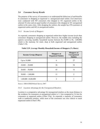 5.6      Consumer Survey Results

The purpose of the survey of consumers is to understand the behaviour of and benefits
to consumers in shopping at organized vs. unorganized retail outlets. Exit interviews
were conducted with 505 consumers who shopped at 101 organized outlets in the
selected 10 cities and an equal number of consumers who shopped at 101 unorganized
outlets in the same cities. After dropping the outliers, the sample has 470 customers at
organized outlets and 462 at unorganized outlets.

5.6.1 Income Levels of Shoppers

As expected, consumers shopping at organized outlets have higher income levels than
consumers shopping at unorganized outlets. However, the middle class including the
aspirers (covering monthly household income between Rs.10,000 to Rs. 1,00,000)
which is the mainstay for retail, shop at both organized and unorganized outlets
(Table 5.19).

       Table 5.19: Average Monthly Household Income of Shoppers (% Share)

                                                                     Shoppers at
                                            Shoppers at
        Income Group (Rupees)                                        Unorganized
                                          Organized Outlets
                                                                       Outlets
      Up to 10,000                                  6                      27

      10,001 – 20,000                              36                      54

      20,001 – 50,000                              45                      16

      50,001 – 1,00,000                            11                       2

      1,00,000 -10,00,000                           2                       1

Source: DRS-ICRIER Retail Survey 2007

5.6.2 Location Advantage for the Unorganized Retailers

Location is a comparative advantage for unorganized retailers as the mean distance to
the residence for consumers at unorganized outlets is 1.1 km compared to 2.6 km for
consumers at organized outlets (Chart 5.9a). As expected, a majority of consumers
walk to traditional retailers, while most of the consumers use own vehicle to reach
organized outlets (Chart 5.9b).




                                                                                     84
 