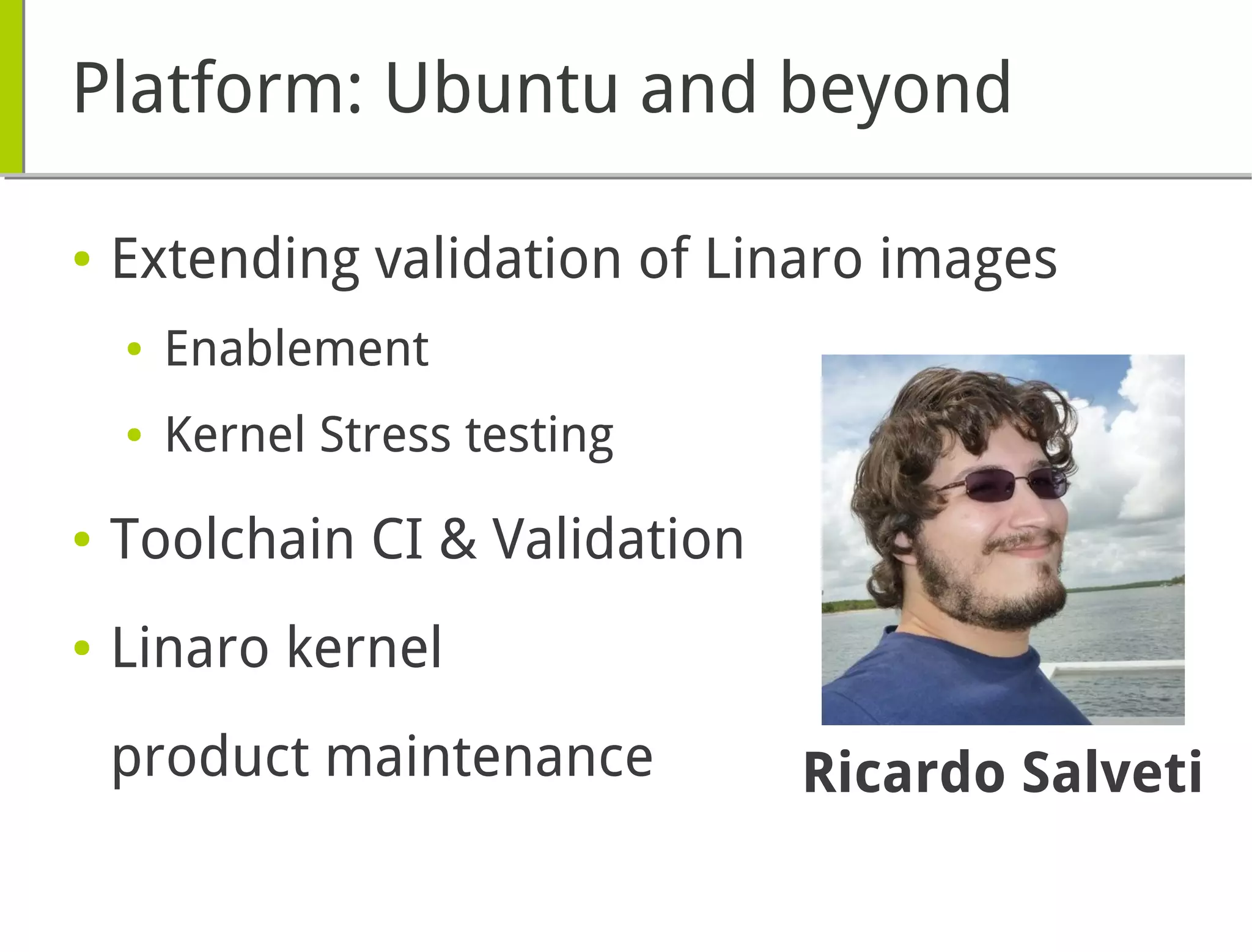 Platform: Ubuntu and beyond
● Extending validation of Linaro images
● Enablement
● Kernel Stress testing
● Toolchain CI & Validation
● Linaro kernel
product maintenance Ricardo Salveti
 