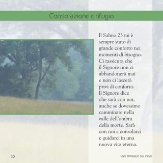 30
Il Salmo 23 mi è
sempre stato di
grande conforto nei
momenti di bisogno.
Ci rassicura che
il Signore non ci
abbandonerà mai
e non ci lascerà
privi di conforto.
Il Signore dice
che sarà con noi,
anche se dovessimo
camminare nella
valle dell’ombra
della morte. Sarà
con noi a consolarci
e guidarci in una
nuova vita eterna.
uno spiraglio sul cielo
Consolazione e rifugio
 