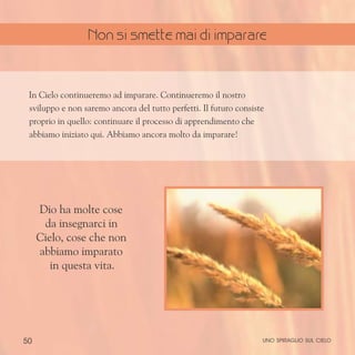 50
In Cielo continueremo ad imparare. Continueremo il nostro
sviluppo e non saremo ancora del tutto perfetti. Il futuro consiste
proprio in quello: continuare il processo di apprendimento che
abbiamo iniziato qui. Abbiamo ancora molto da imparare!
Dio ha molte cose
da insegnarci in
Cielo, cose che non
abbiamo imparato
in questa vita.
uno spiraglio sul cielo
Non si smette mai di imparare
 