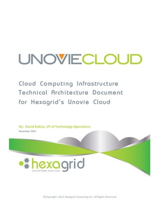  




Cloud Computing Infrastructure
Technical Architecture Document
for Hexagrid'Ê s Unovie Cloud	
  
                                                                 	
  

	
  

By:	
  	
  David	
  Rokita,	
  VP	
  of	
  Technology	
  Operations	
  
November	
  2011	
  
	
  




                       ©Copyright:	
  2011	
  Hexagrid	
  Computing	
  Inc.	
  All	
  Rights	
  Reserved.	
  
 