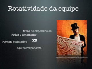 Rotatividade da equipe


               troca de experiências
      reduz o isolamento

retorno estimativa   XP

          equipe responsável


                                       http://www.ﬂickr.com/photos/photomishdan/3528281481/
 