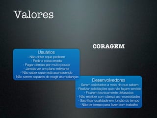 Valores

                                                  CORAGEM
               Usuários
         - Não obter oque pediram
            - Pedir a coisa errada
      - Pagar demais por muito pouco
      - Jamais ver um plano relevante
    - Não saber oque está acontecendo
- Não serem capazes de reagir as mudanças
                                                 Desenvolvedores
                                          - Serem solicitados a mais do que sabem
                                       - Realizar solicitações que não façam sentido
                                              - Ficarem tecnicamente defasados
                                        - Não receber com clareza as necessidades
                                         - Sacriﬁcar qualidade em função do tempo
                                           - Não ter tempo para fazer bom trabalho
 