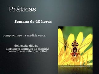 Práticas
       Semana de 40 horas


compromisso na medida certa


       dedicação diária
 disposto e animado de manhã!
  cansado e satisfeito a noite!



                                  http://www.ﬂickr.com/photos/viamoi/3408674630/
 