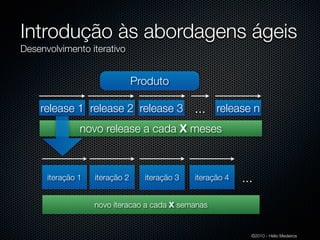 Introdução às abordagens ágeis
Desenvolvimento iterativo


                                Produto

    release 1 release 2 release 3              ... release n
               novo release a cada X meses



      iteração 1   iteração 2     iteração 3   iteração 4   ...
                   novo iteracao a cada X semanas


                                                              ©2010 - Hélio Medeiros
 