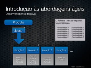 Introdução às abordagens ágeis
Desenvolvimento iterativo

                                              O Release 1 terá as seguintes
     Produto                                  funcionalidades:

                                              - Funcionalidade A    - Funcionalidade G
                                              - Funcionalidade B    - Funcionalidade H
     release 1                                - Funcionalidade C    - Funcionalidade I
                                              - Funcionalidade D    - Funcionalidade J
                                              - Funcionalidade E    - Funcionalidade L
                                              - Funcionalidade F    - Funcionalidade Z




       iteração 1   iteração 2   iteração 3    iteração 4          ...
                     Func. B
        Func. A                   Func. C        Func. D
                     Func. F
        Func. E                   Func. H        Func. I
                     Func. J
        Func. G                   Func. L
                     Func. Z
                                                                    ©2010 - Hélio Medeiros
 