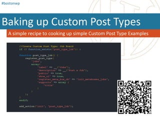 #bostonwpOutside the NormGoing Beyond Simple Websites and BlogsDid You Know?“WordPress is used by over 13% of the 1,000,000 biggest websites.” – WikipediaWhen To Consider WordPress to Power the Site?“EVERY SINGLE TIME”– Jesse FriedmanIf it’s right for the job and you’re really good at it what else is there to consider?Consider using WordPress for your next ____________ projectDirectories