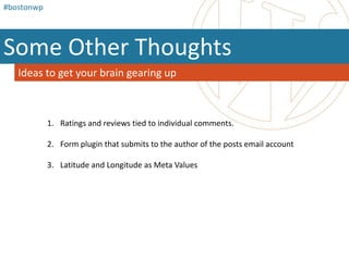 #bostonwp3Hurdles and You’re ThereBuilding those sites with 3 additions to your themeDid You Know?You can search within a category or post type simply by changing the url of your query?   http://www.searchengineoptimizationjournal.com/?s=link+building