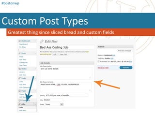 Student#bostonwpWordPress, Not Your Dads CMSBlogging is fun but we can do so much more“WordPressis an open source blog tool and publishing platform powered by PHP and MySQL. It's often customized into a Content Management System (CMS)[4]. It has many features including a plug-in architecture and a template system. WordPress is used by over 13% of the 1,000,000 biggest websites.[5]” – Wikipedia______________________________________________________________________WordPress.org“More simply, WordPress is what you use when you want to work with your blogging software, not fight it.  New to blogging? Learn more about WordPress, then follow the three easy steps below to start blogging in minutes. Or, for the ultimate in ease of use, get a free blog on WordPress.com.”“WordPressis web software you can use to create a beautiful website or blog.”