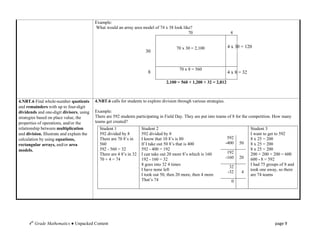 Example:
                                           What would an array area model of 74 x 38 look like?
                                                                                             70                           4


                                                                                         70 x 30 = 2,100                4 x 30 = 120
                                                                       30


                                                                                           70 x 8 = 560
                                                                         8                                              4 x 8 = 32

                                                                                   2,100 = 560 + 1,200 + 32 = 2,812



4.NBT.6 Find whole-number quotients        4.NBT.6 calls for students to explore division through various strategies.
and remainders with up to four-digit
dividends and one-digit divisors, using    Example:
strategies based on place value, the       There are 592 students participating in Field Day. They are put into teams of 8 for the competition. How many
properties of operations, and/or the       teams get created?
relationship between multiplication          Student 1               Student 2                                                       Student 3
and division. Illustrate and explain the     592 divided by 8        592 divided by 8                                                I want to get to 592
calculation by using equations,              There are 70 8’s in     I know that 10 8’s is 80                            592         8 x 25 = 200
rectangular arrays, and/or area              560                     If I take out 50 8’s that is 400                   -400   50    8 x 25 = 200
models.                                      592 - 560 = 32          592 - 400 = 192                                                 8 x 25 = 200
                                             There are 4 8’s in 32   I can take out 20 more 8’s which is 160             192         200 + 200 + 200 = 600
                                             70 + 4 = 74             192 - 160 = 32                                     -160   20    600 - 8 = 592
                                                                     8 goes into 32 4 times                                          I had 75 groups of 8 and
                                                                                                                          32
                                                                     I have none left                                                took one away, so there
                                                                                                                         -32    4
                                                                     I took out 50, then 20 more, then 4 more                        are 74 teams
                                                                     That’s 74                                            0




     4th Grade Mathematics ● Unpacked Content                                                                                                     page 9
 