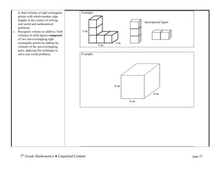 to find volumes of right rectangular   Example:
   prisms with whole-number edge
   lengths in the context of solving
                                                     decomposed figure
   real world and mathematical
   problems.
c. Recognize volume as additive. Find
   volumes of solid figures composed
   of two non-overlapping right
   rectangular prisms by adding the
   volumes of the non-overlapping
   parts, applying this technique to
   solve real world problems.             Example:




     5th Grade Mathematics ● Unpacked Content                            page 25
 