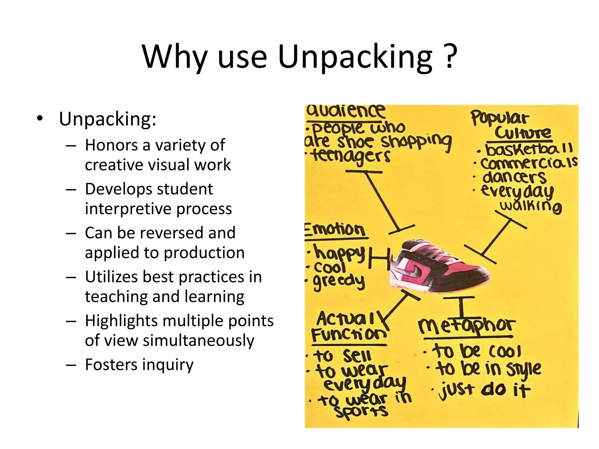 Why use Unpacking ?
• Unpacking:
  – Honors a variety of
    creative visual work
  – Develops student
    interpretive process
  – Can be reversed and
    applied to production
  – Utilizes best practices in
    teaching and learning
  – Highlights multiple points
    of view simultaneously
  – Fosters inquiry
 