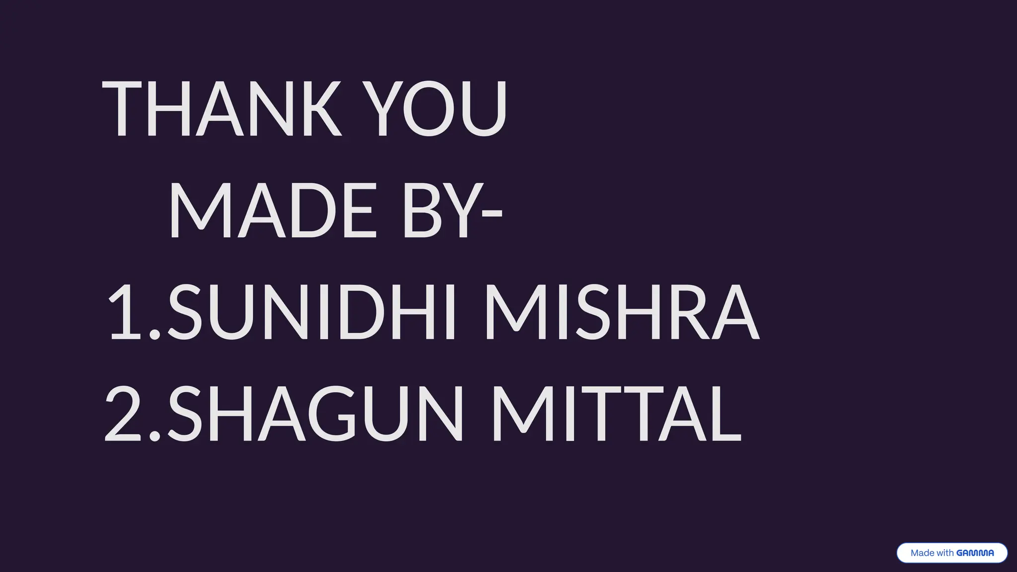 THANK YOU
MADE BY-
1.SUNIDHI MISHRA
2.SHAGUN MITTAL
 