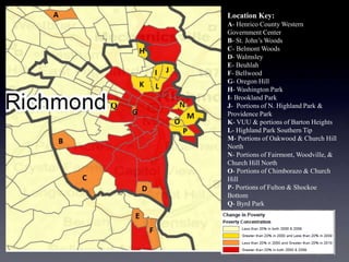 Location Key:
A- Henrico County Western
Government Center
B- St. John’s Woods
C- Belmont Woods
D- Walmsley
E- Beuhlah
F- Bellwood
G- Oregon Hill
H- Washington Park
I- Brookland Park
J- Portions of N. Highland Park &
Providence Park
K- VUU & portions of Barton Heights
L- Highland Park Southern Tip
M- Portions of Oakwood & Church Hill
North
N- Portions of Fairmont, Woodville, &
Church Hill North
O- Portions of Chimborazo & Church
Hill
P- Portions of Fulton & Shockoe
Bottom
Q- Byrd Park
 
