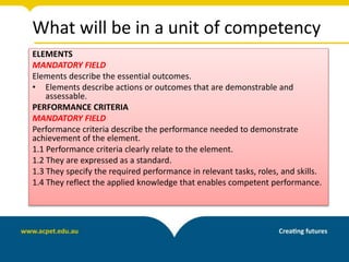 What will be in a unit of competency
ELEMENTS
MANDATORY FIELD
Elements describe the essential outcomes.
• Elements describe actions or outcomes that are demonstrable and
assessable.
PERFORMANCE CRITERIA
MANDATORY FIELD
Performance criteria describe the performance needed to demonstrate
achievement of the element.
1.1 Performance criteria clearly relate to the element.
1.2 They are expressed as a standard.
1.3 They specify the required performance in relevant tasks, roles, and skills.
1.4 They reflect the applied knowledge that enables competent performance.
 