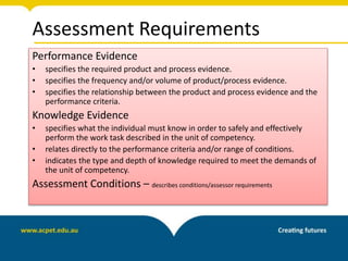 Assessment Requirements
Performance Evidence
• specifies the required product and process evidence.
• specifies the frequency and/or volume of product/process evidence.
• specifies the relationship between the product and process evidence and the
performance criteria.
Knowledge Evidence
• specifies what the individual must know in order to safely and effectively
perform the work task described in the unit of competency.
• relates directly to the performance criteria and/or range of conditions.
• indicates the type and depth of knowledge required to meet the demands of
the unit of competency.
Assessment Conditions – describes conditions/assessor requirements
 