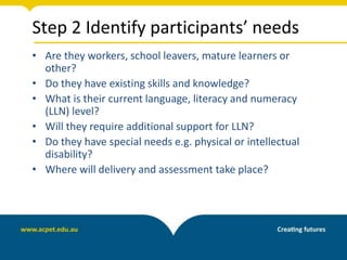 Step 2 Identify participants’ needs
• Are they workers, school leavers, mature learners or
other?
• Do they have existing skills and knowledge?
• What is their current language, literacy and numeracy
(LLN) level?
• Will they require additional support for LLN?
• Do they have special needs e.g. physical or intellectual
disability?
• Where will delivery and assessment take place?
 