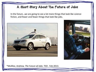 A Short Story About The Future of Jobs
In the future…we are going to see a lot more things that look like science
fiction, and fewer and fewer things that look like jobs.
*McAfee, Andrew. The Future of Jobs. TED . Feb 2013.
 