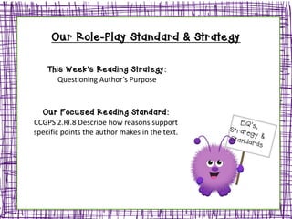This Week’s Reading Strategy:
Questioning Author’s Purpose
Our Focused Reading Standard:
CCGPS 2.RI.8 Describe how reasons support
specific points the author makes in the text.
Our Role-Play Standard & Strategy
 