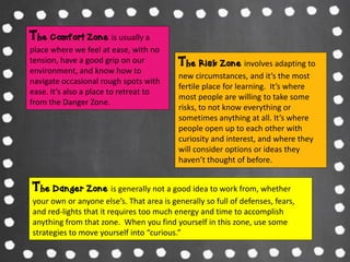 The Comfort Zone is usually a
place where we feel at ease, with no
tension, have a good grip on our
environment, and know how to
navigate occasional rough spots with
ease. It’s also a place to retreat to
from the Danger Zone.
The Risk Zone involves adapting to
new circumstances, and it’s the most
fertile place for learning. It’s where
most people are willing to take some
risks, to not know everything or
sometimes anything at all. It’s where
people open up to each other with
curiosity and interest, and where they
will consider options or ideas they
haven’t thought of before.
The Danger Zone is generally not a good idea to work from, whether
your own or anyone else’s. That area is generally so full of defenses, fears,
and red-lights that it requires too much energy and time to accomplish
anything from that zone. When you find yourself in this zone, use some
strategies to move yourself into “curious.”
 