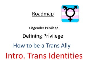 Roadmap
Intro. Trans Identities
How to be a Trans Ally
Defining Privilege
Cisgender Privilege
 