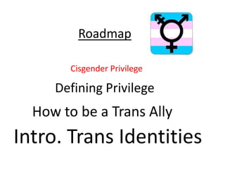 Roadmap
Intro. Trans Identities
How to be a Trans Ally
Defining Privilege
Cisgender Privilege
 