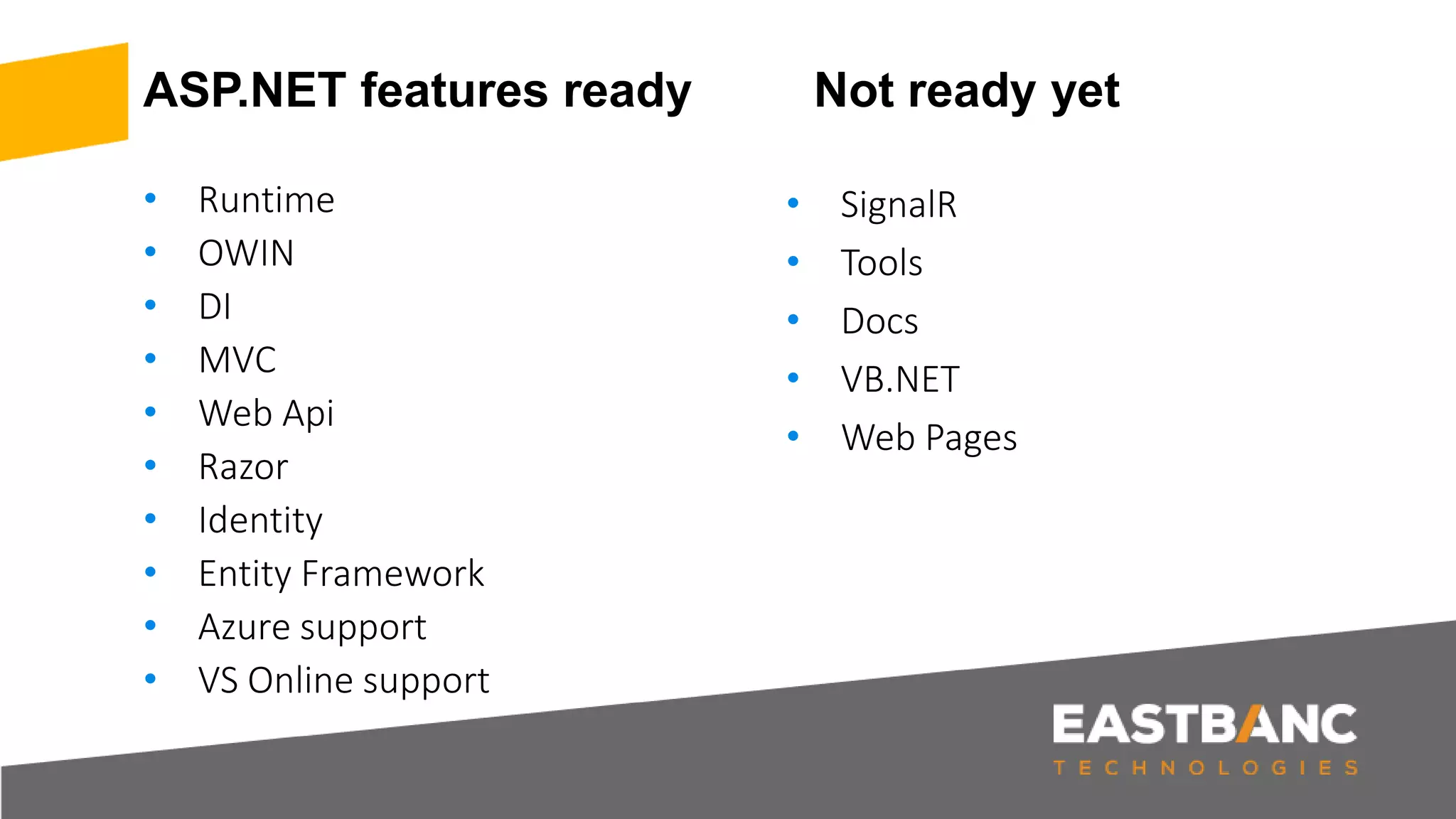 ASP.NET features ready Not ready yet
• Runtime
• OWIN
• DI
• MVC
• Web Api
• Razor
• Identity
• Entity Framework
• Azure support
• VS Online support
• SignalR
• Tools
• Docs
• VB.NET
• Web Pages
 