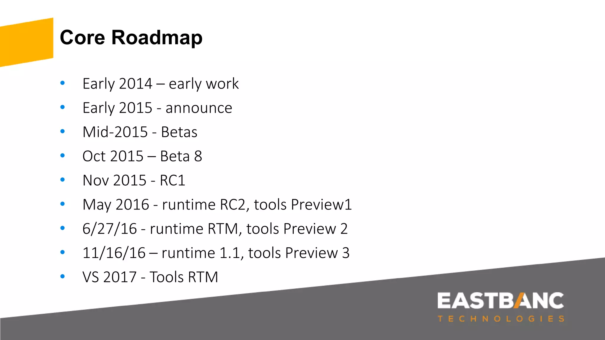 Core Roadmap
• Early 2014 – early work
• Early 2015 - announce
• Mid-2015 - Betas
• Oct 2015 – Beta 8
• Nov 2015 - RC1
• May 2016 - runtime RC2, tools Preview1
• 6/27/16 - runtime RTM, tools Preview 2
• 11/16/16 – runtime 1.1, tools Preview 3
• VS 2017 - Tools RTM
 