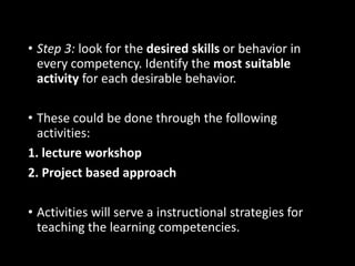 • Step 3: look for the desired skills or behavior in
every competency. Identify the most suitable
activity for each desirable behavior.
• These could be done through the following
activities:
1. lecture workshop
2. Project based approach
• Activities will serve a instructional strategies for
teaching the learning competencies.
 