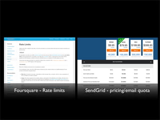 Foursquare - Rate limits   SendGrid - pricing/email quota
 