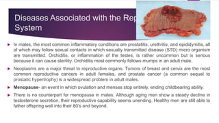 Diseases Associated with the Reproductive
System
 In males, the most common inflammatory conditions are prostatitis, urethritis, and epididymitis, all
of which may follow sexual contacts in which sexually transmitted disease (STD) micro organism
are transmitted. Orchiditis, or inflammation of the testes, is rather uncommon but is serious
because it can cause sterility. Orchiditis most commonly follows mumps in an adult male.
 Neoplasms are a major threat to reproductive organs. Tumors of breast and cervix are the most
common reproductive cancers in adult females, and prostate cancer (a common sequel to
prostatic hypertrophy) is a widespread problem in adult males.
 Menopause- an event in which ovulation and menses stop entirely, ending childbearing ability.
 There is no counterpart for menopause in males. Although aging men show a steady decline in
testosterone secretion, their reproductive capability seems unending. Healthy men are still able to
father offspring well into their 80’s and beyond.
 