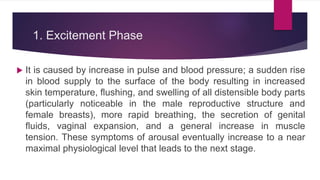 1. Excitement Phase
 It is caused by increase in pulse and blood pressure; a sudden rise
in blood supply to the surface of the body resulting in increased
skin temperature, flushing, and swelling of all distensible body parts
(particularly noticeable in the male reproductive structure and
female breasts), more rapid breathing, the secretion of genital
fluids, vaginal expansion, and a general increase in muscle
tension. These symptoms of arousal eventually increase to a near
maximal physiological level that leads to the next stage.
 