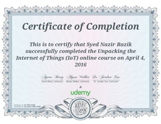 Certification on Unpacking Internet of things from Udemy 