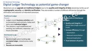 Digital Ledger Technology as potential game-changer
02. Blockchain Technology
Blockchains are an upgrade on traditional ledgers due to the quality and integrity of data stored due to the use of
cryptographic security and identity verification. They also enable a number of different efficiencies through the
elimination and reduction of redundant processes.
Traditional Ledger
Present
• Ledgers record business activities such
as transactions and contracts, today each
party owns individual ledgers
• This solution is well established and
working, but inefficient, expensive and
fraud vulnerable
Distributed Ledger
Future
• Decentralized system building one
encrypted ledger, shared across many
parties
• Records are immutable
The benefits of Distributed
Ledgers
▪ Quality and Integrity of
stored data (single source of
truth)
▪ Increase Efficiency through:
- Automation
- Reduced reconciliation
- Reduced duplication
▪ Trust between all parties
 