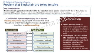 Problem that Blockchain are trying to solve
04. Blockchain for Accounting & Assurance
The Audit Problem:
Traditional audit approaches will not work for the blockchain based systems predominantly due to their always on
nature and likely scale. However Assurance will still be a necessary component of any use case.
A fundamental shift in audit philosophy will be required
Providing transparency requires a shift in how we think about
the audit and control. We must go from retrospective point in
time efforts to real-time auditing.
SOLUTION
▪ Create an audit node for
transparency purpose to meet the
needs of all applicable stakeholders
and improve the efficiency of our
audit.
▪ By relying on the core tenants
of a blockchain based system,
irrefutable transaction record and
transaction integrity will be
established the necessary
transaction level of assurance
regardless of use cases or industry.
Current State
Point in time
Forensic
Retrospective
Sample based analysis
Speculative
Subject to population results
Future State
Real time
Inherency
Immediate / predicted
Full population
Macro level trending
Objective population results
 