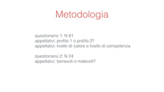 Metodologia
questionario 1: N 81
appellativi: proﬁlo 1 o proﬁlo 2?
appellativi: livello di calore e livello di competenza
...