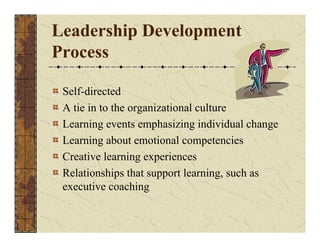 Leadership Development 
Process 
Self-directed 
A tie in to the organizational culture 
Learning events emphasizing individual change 
Learning about emotional competencies 
Creative learning experiences 
Relationships that support learning, such as 
executive coaching 
