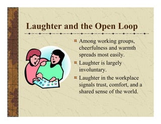 Laughter and the Open Loop 
Among working groups, 
cheerfulness and warmth 
spreads most easily. 
Laughter is largely 
involuntary. 
Laughter in the workplace 
signals trust, comfort, and a 
shared sense of the world. 
 