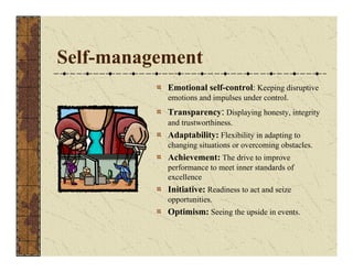 Self-management 
Emotional self-control: Keeping disruptive 
emotions and impulses under control. 
Transparency: Displaying honesty, integrity 
and trustworthiness. 
Adaptability: Flexibility in adapting to 
changing situations or overcoming obstacles. 
Achievement: The drive to improve 
performance to meet inner standards of 
excellence 
Initiative: Readiness to act and seize 
opportunities. 
Optimism: Seeing the upside in events. 
 