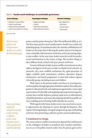 WoRld Public sectoR RePoRt 2010




Table II.2 Psycho-social challenges to sustainable governance

 Social challenges                           Psychological challenges           Structural challenges

 – Breakdown of social cohesion              – Negative stereotypes             – Severe disparities in:
 – Decline of social capital                 – Prejudice                           - Social power
 – Physical and social segregation           – Victimization and grievance         - Economic power
 – Lack of communication and mistrust        – Biased myths and memories           - Political power

Source: Aiken (2008)




The first major                      parties, and the parties themselves” (Bar-Tal and Bennink 2004, p. xv).
psycho-social                        The first major psycho-social transformation should occur within the
transformation                       leadership group. As mentioned earlier, the attitudes and behaviours of
should occur within                  leaders are the major factor affecting the quality and survival of gover-
the leadership group                 nance and public administration institutions and in preventing relaps-
                                     es into conflict. At the same time, leaders must also work for psycho-
                                     social transformation in the society at large. This involves change at
                                     three different levels, related to the past, present and future.
                                           In terms of the past, leaders in post-conflict environments need to
                                     address the legacies of the past in order to rebuild social cohesion. In
                                     particular, they must establish mechanisms for equal protection of
                                     rights; establish truth commissions; reinforce alternative dispute
                                     mechanisms; and launch programmes to deal with violence against
                                     vulnerable groups, including women and children.
                                           With respect to the present, leaders must focus on reversing struc-
                                     tural inequalities through appropriate distributive policies that redress dis-
                                     parities in educational levels and employment opportunities; ensure equal
                                     representation of vulnerable and marginal groups in government agencies,
                                     security forces and the judiciary; promote equal access to administrative
                                     and political positions; and ensure that all groups benefit from public ser-
                                     vices, including access to housing, health and other key services.
Fostering dialogue                         With regard to the future, leaders must create social and econom-
among all                            ic opportunities for all groups in society through development. This
antagonistic groups                  requires fostering dialogue among all antagonistic groups and building
and promoting                        consensus, thus promoting a collective psycho-social transformation.
a collective
psycho-social                        Commitment	to	change
transformation is                    The success of post-conflict reconstruction depends first and foremost
a key ingredient of                  on the willingness of leaders to transform their mindsets and behav-
capable leadership                   iour to act in the public interest (rather than for private gain) and in

30
 