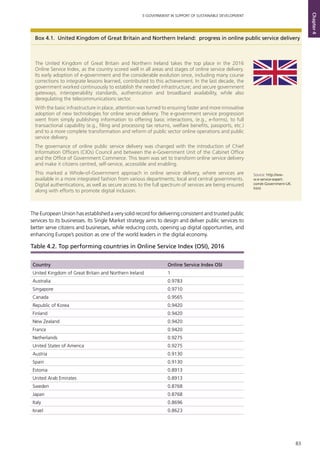 83
E-GOVERNMENT IN SUPPORT OF SUSTAINABLE DEVELOPMENT
Chapter4
The European Union has established a very solid record for delivering consistent and trusted public
services to its businesses. Its Single Market strategy aims to design and deliver public services to
better serve citizens and businesses, while reducing costs, opening up digital opportunities, and
enhancing Europe’s position as one of the world leaders in the digital economy.
Country Online Service Index OSI
United Kingdom of Great Britain and Northern Ireland 1
Australia 0.9783
Singapore 0.9710
Canada 0.9565
Republic of Korea 0.9420
Finland 0.9420
New Zealand 0.9420
France 0.9420
Netherlands 0.9275
United States of America 0.9275
Austria 0.9130
Spain 0.9130
Estonia 0.8913
United Arab Emirates 0.8913
Sweden 0.8768
Japan 0.8768
Italy 0.8696
Israel 0.8623
Table 4.2. Top performing countries in Online Service Index (OSI), 2016
Box 4.1. United Kingdom of Great Britain and Northern Ireland: progress in online public service delivery
The United Kingdom of Great Britain and Northern Ireland takes the top place in the 2016
Online Service Index, as the country scored well in all areas and stages of online service delivery.
Its early adoption of e-government and the considerable evolution since, including many course
corrections to integrate lessons learned, contributed to this achievement. In the last decade, the
government worked continuously to establish the needed infrastructure; and secure government
gateways, interoperability standards, authentication and broadband availability, while also
deregulating the telecommunications sector.
With the basic infrastructure in place, attention was turned to ensuring faster and more innovative
adoption of new technologies for online service delivery. The e-government service progression
went from simply publishing information to offering basic interactions, (e.g., e-forms), to full
transactional capability (e.g., filing and processing tax returns, welfare benefits, passports, etc.)
and to a more complete transformation and reform of public sector online operations and public
service delivery.
The governance of online public service delivery was changed with the introduction of Chief
Information Officers (CIOs) Council and between the e-Government Unit of the Cabinet Office
and the Office of Government Commerce. This team was set to transform online service delivery
and make it citizens centred, self-service, accessible and enabling.
This marked a Whole-of-Government approach in online service delivery, where services are
available in a more integrated fashion from various departments; local and central governments.
Digital authentications, as well as secure access to the full spectrum of services are being ensured
along with efforts to promote digital inclusion.
Source: http://ww-
w.e-service-expert.
com/e-Government-UK.
html
 